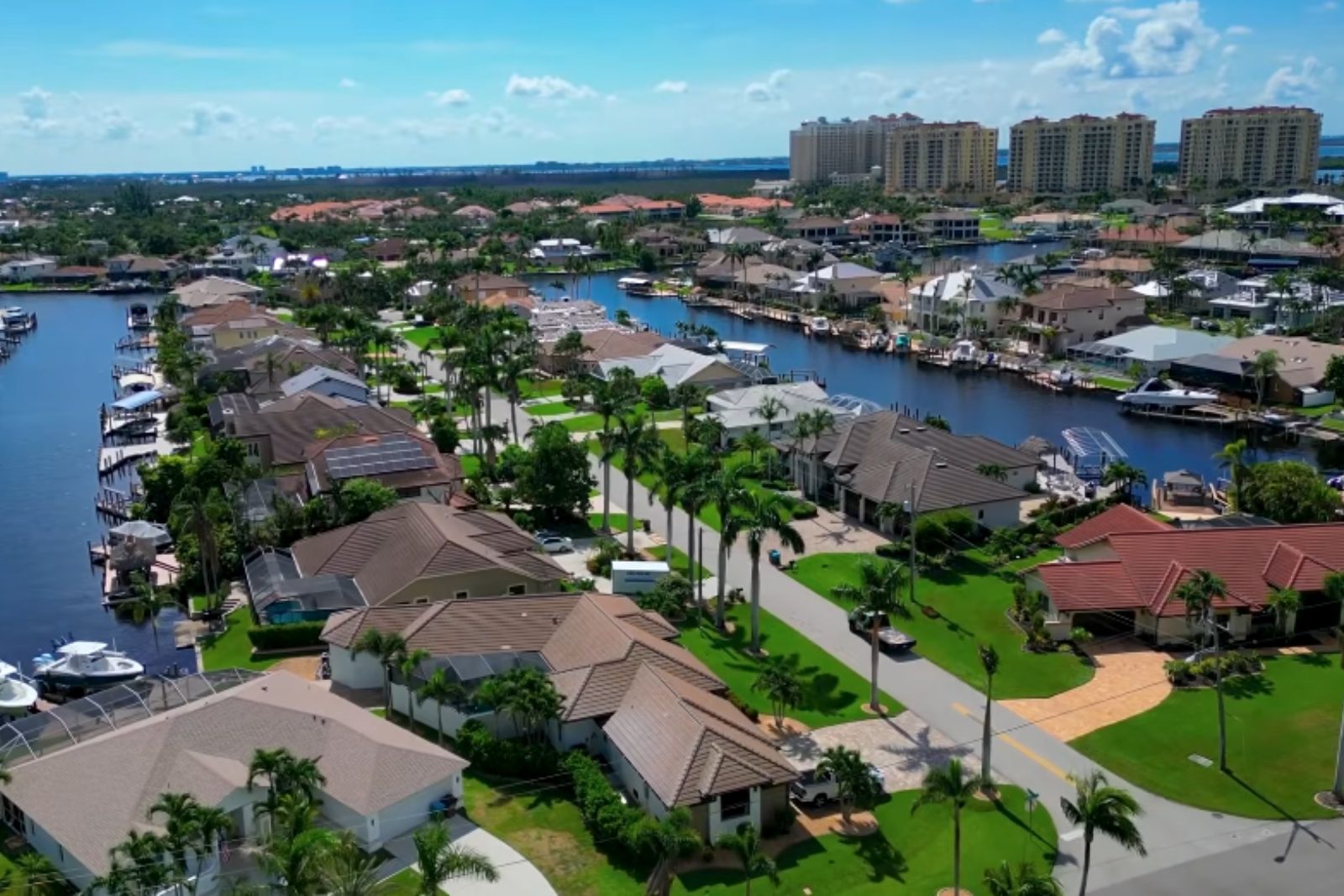 Aerial view of a canal-front Cape Coral, FL neighborhood served by Fort Myers Express Plumbing